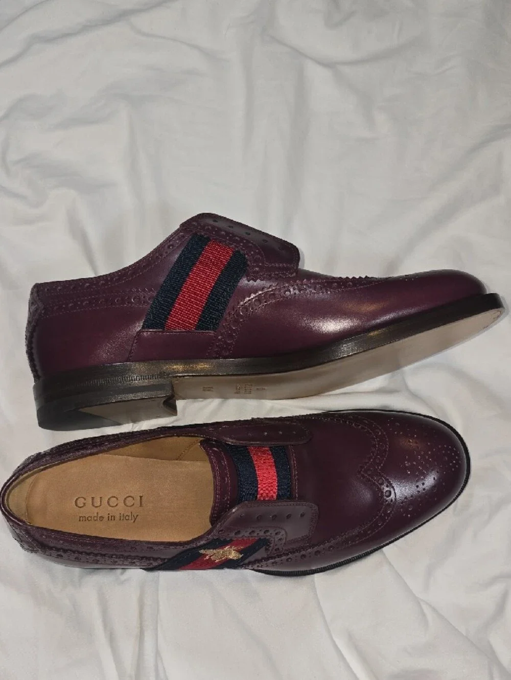 Gucci Calfskin Web Bee Slip-On Brogue Wingtip Oxfords